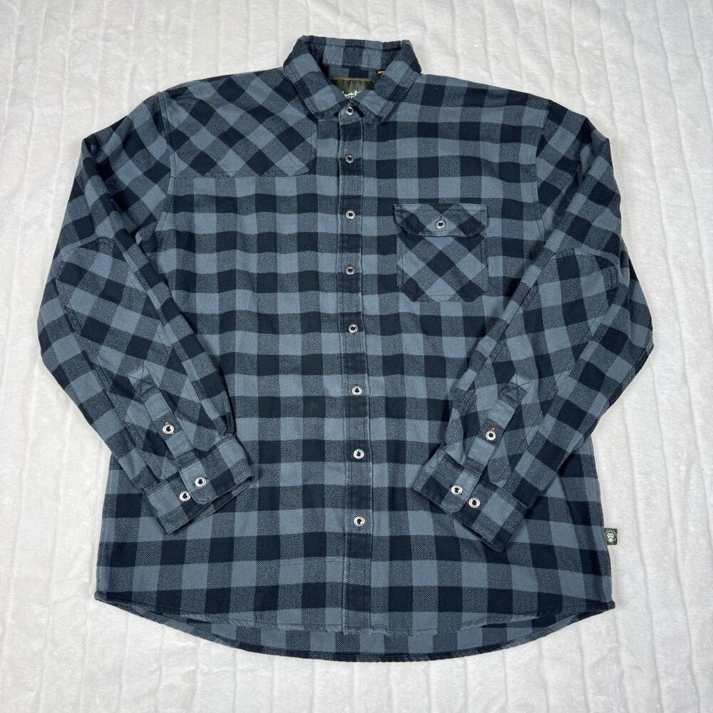 Howler Bros Harkers Flannel Shirt Men XL Blue Plaid Metal Buttons Elbow Patches